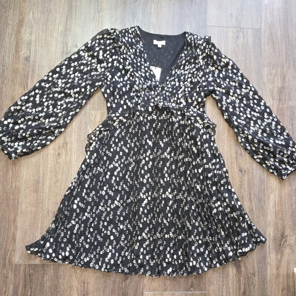 A Loves A Black Gold Metallic Dot Long Sleeve Dress | Party Mini Dress SZ M - Picture 6 of 14